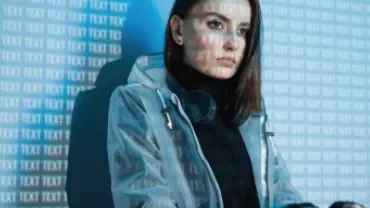 Una persona con auriculares y texto proyectado sobre la chaqueta.
