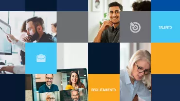 Collage de personas trabajando y video llamada, con texto 'Talento' y 'Reclutamiento'.