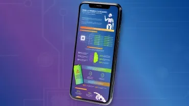 Infografía en un smartphone sobre un libro de genética en un fondo azul y púrpura.