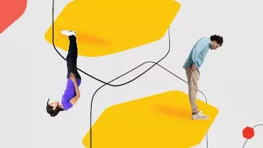 Personas en posturas inusuales sobre un fondo abstracto colorido.