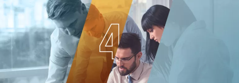 Cuatro personas colaborando en una oficina moderna.