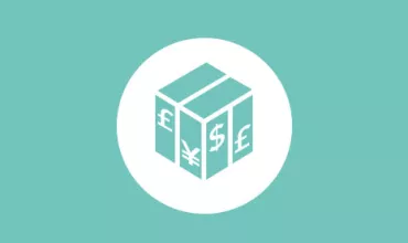 Icono de caja con símbolos de divisas en fondo verde.